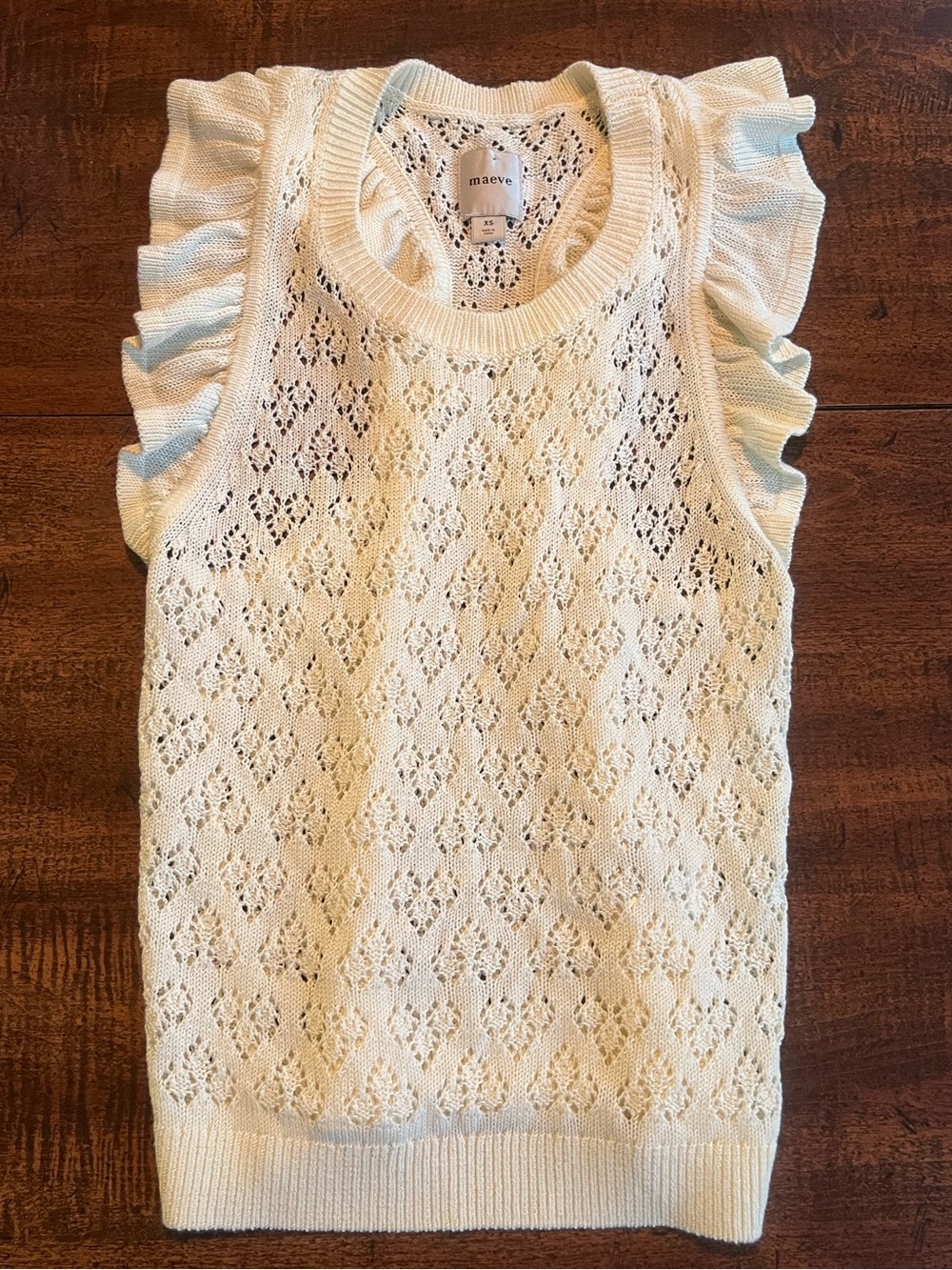 Maeve Anthropologie Cream Pointelle Knit Sweater XS Ruffle Sleeve Open Knit Boho
